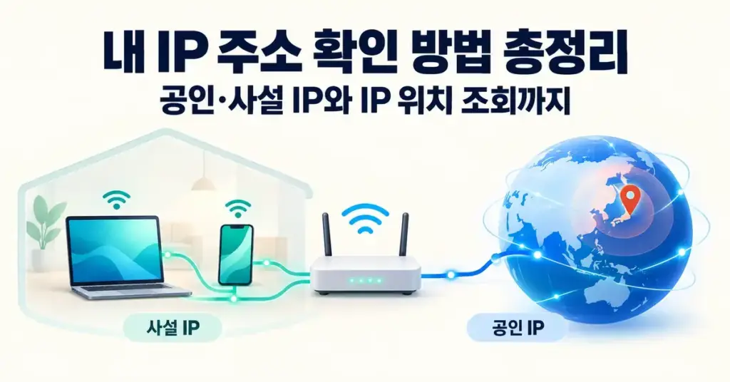 집 안의 노트북과 스마트폰이 공유기를 통해 위치 핀이 표시된 지구본에 연결되어 사설 IP와 공인 IP의 차이 및 IP 위치 조회를 설명하는 이미지.