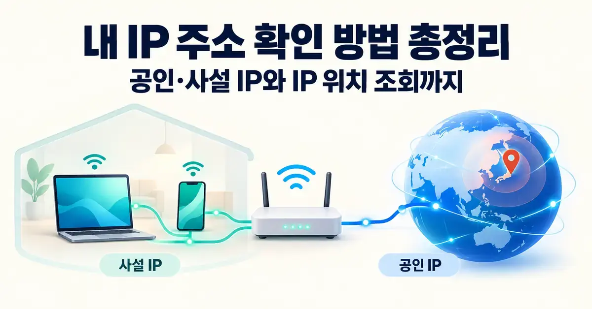 집 안의 노트북과 스마트폰이 공유기를 통해 위치 핀이 표시된 지구본에 연결되어 사설 IP와 공인 IP의 차이 및 IP 위치 조회를 설명하는 이미지.