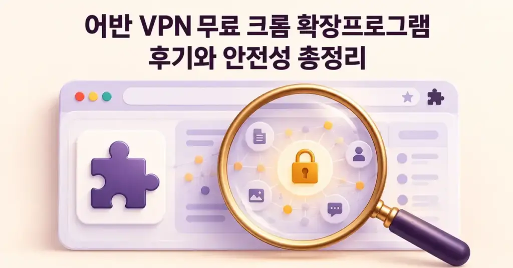어반 VPN 무료 크롬 확장프로그램 후기와 안전성 총정리라는 제목 아래 브라우저 확장 아이콘과 개인정보 연결망 속 자물쇠를 돋보기로 살펴보는 이미지.